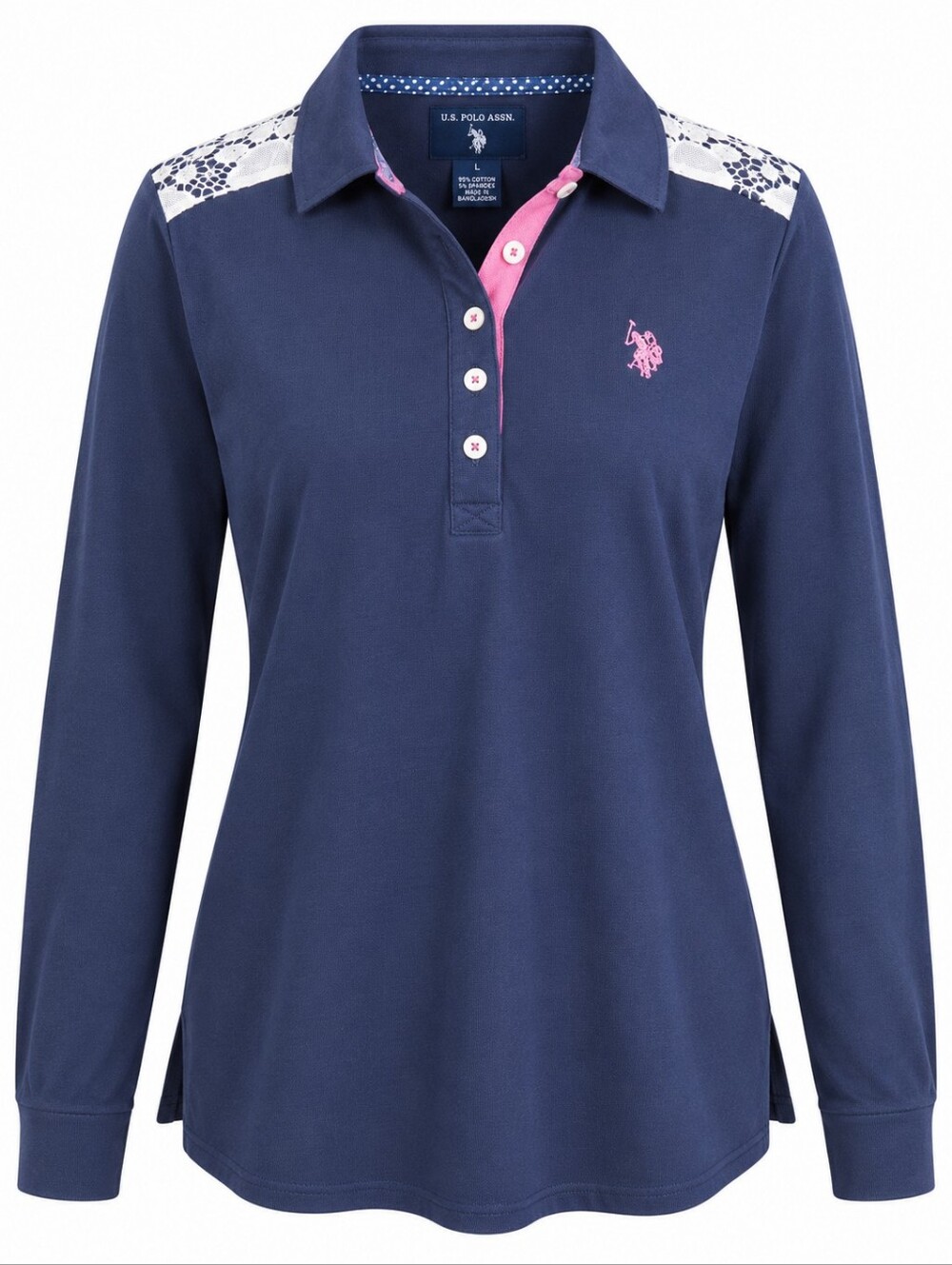 U.S.‎ POLO ASSN. | Navy Pink Lace Shoulder Stretch Long Sleeve Polo Shirt | L